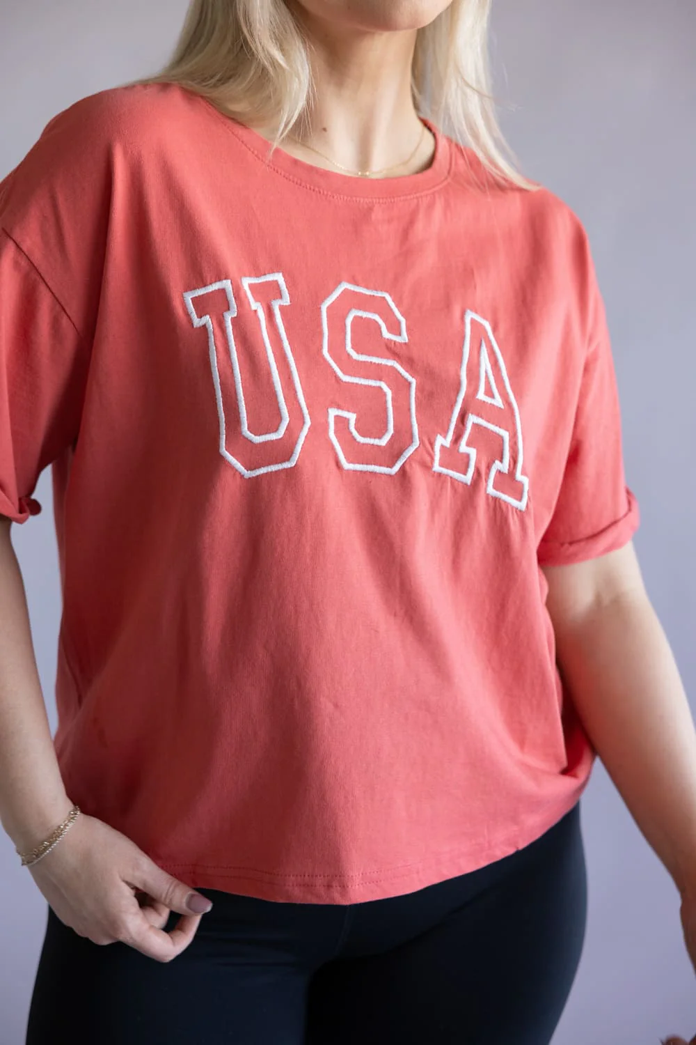 C&C California Melissa Embroidered USA T-Shirt for Women in Cranberry | 89A03008-CRANBERRY - Image 4