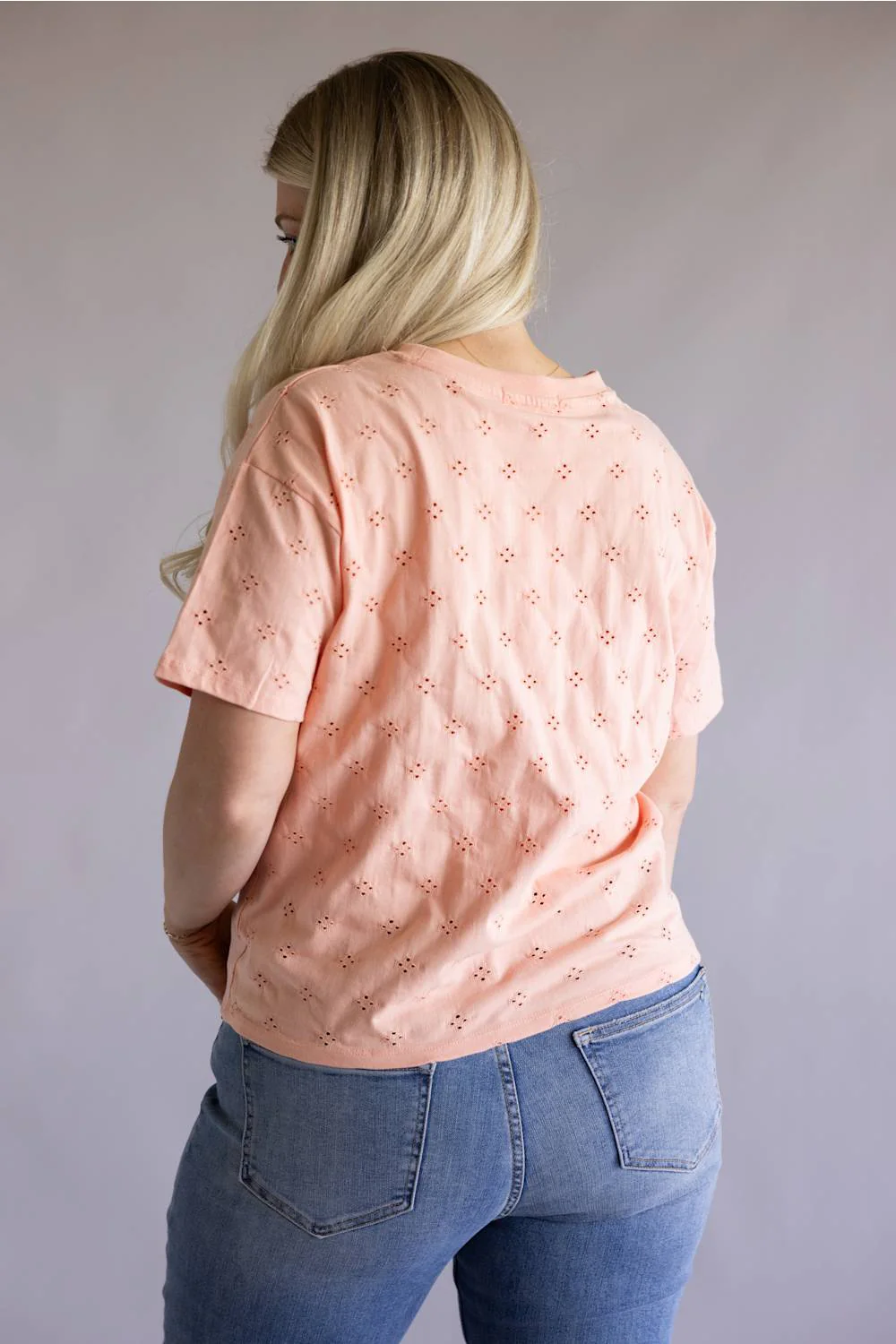 C&C California Toni Eyelet Boxy Crew Tee for Women in Coral Pink  | 89A03490-CORAL - Image 3