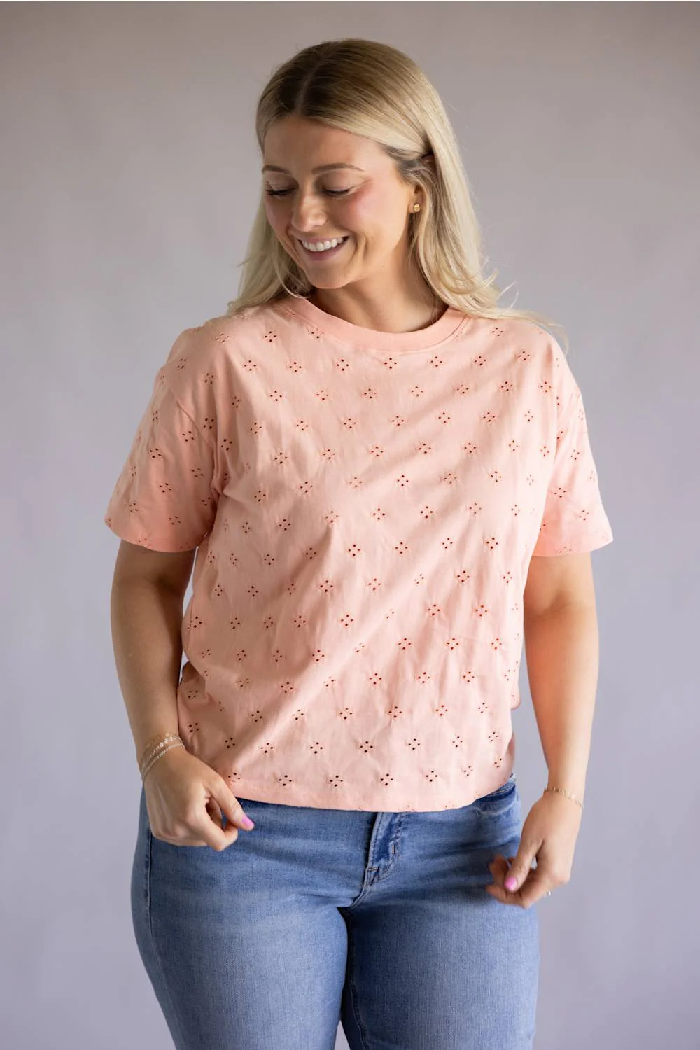 C&C California Toni Eyelet Boxy Crew Tee for Women in Coral Pink  | 89A03490-CORAL - Image 4
