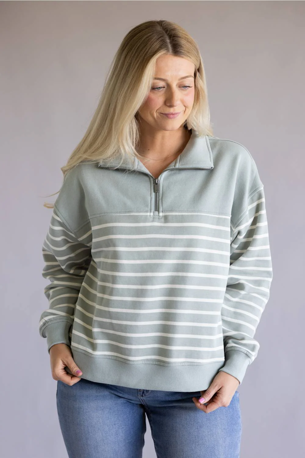 C&C California Waverly Fleece Quarter Zip Sweatshirt for Women in Grey/White | 89B03543-GREY - Image 4