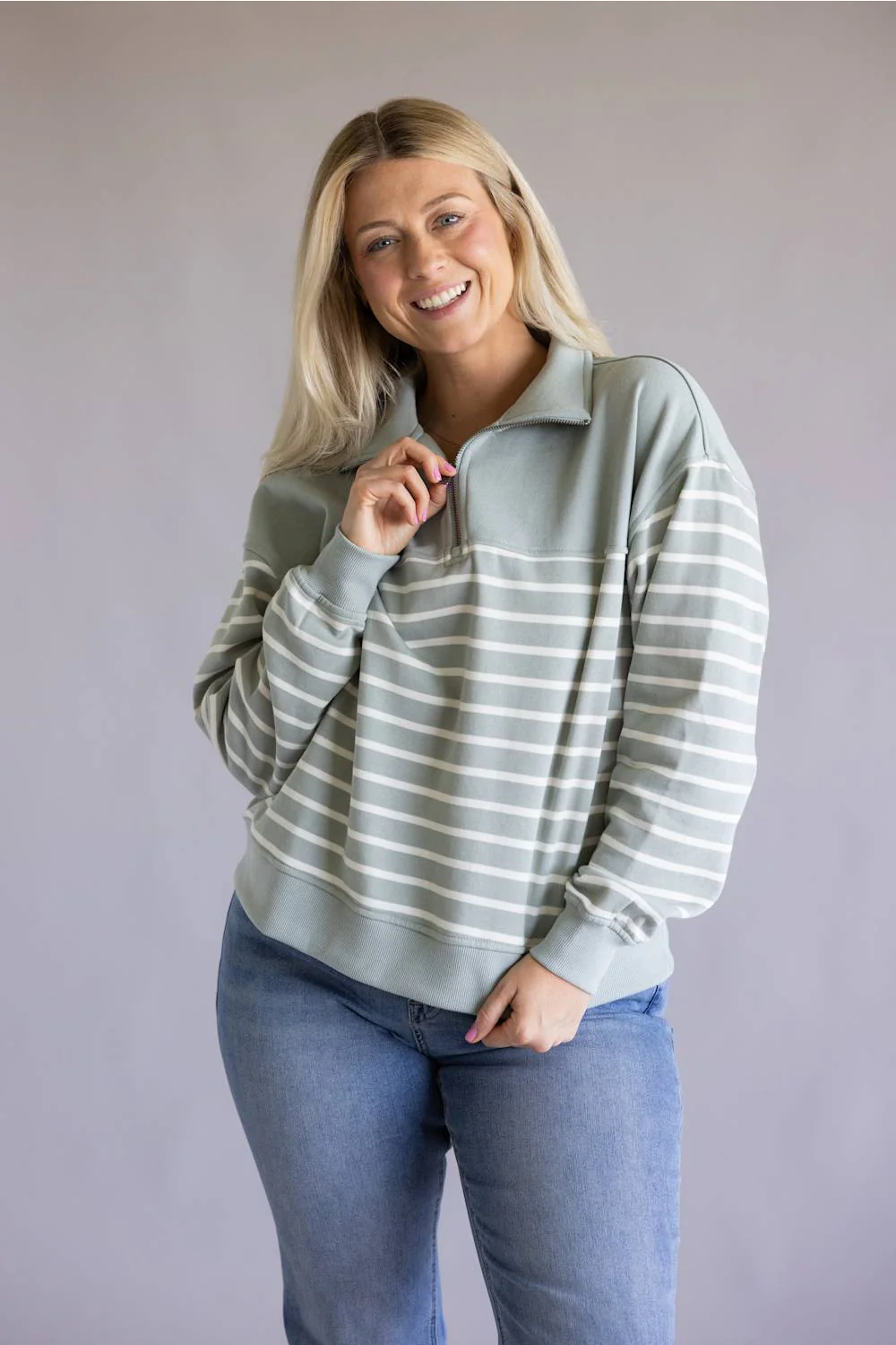 C&C California Waverly Fleece Quarter Zip Sweatshirt for Women in Grey/White | 89B03543-GREY - Image 5