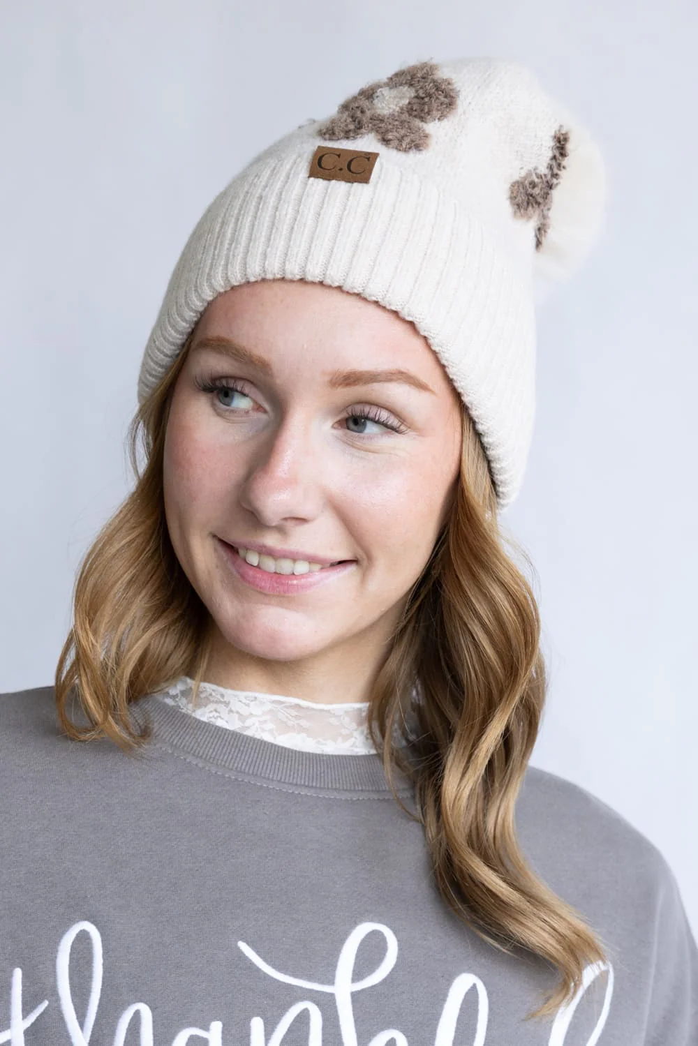 C.C. Daisy Pom Beanie for Women in Heather Beige | HTC0079-HBEIGE - Image 2