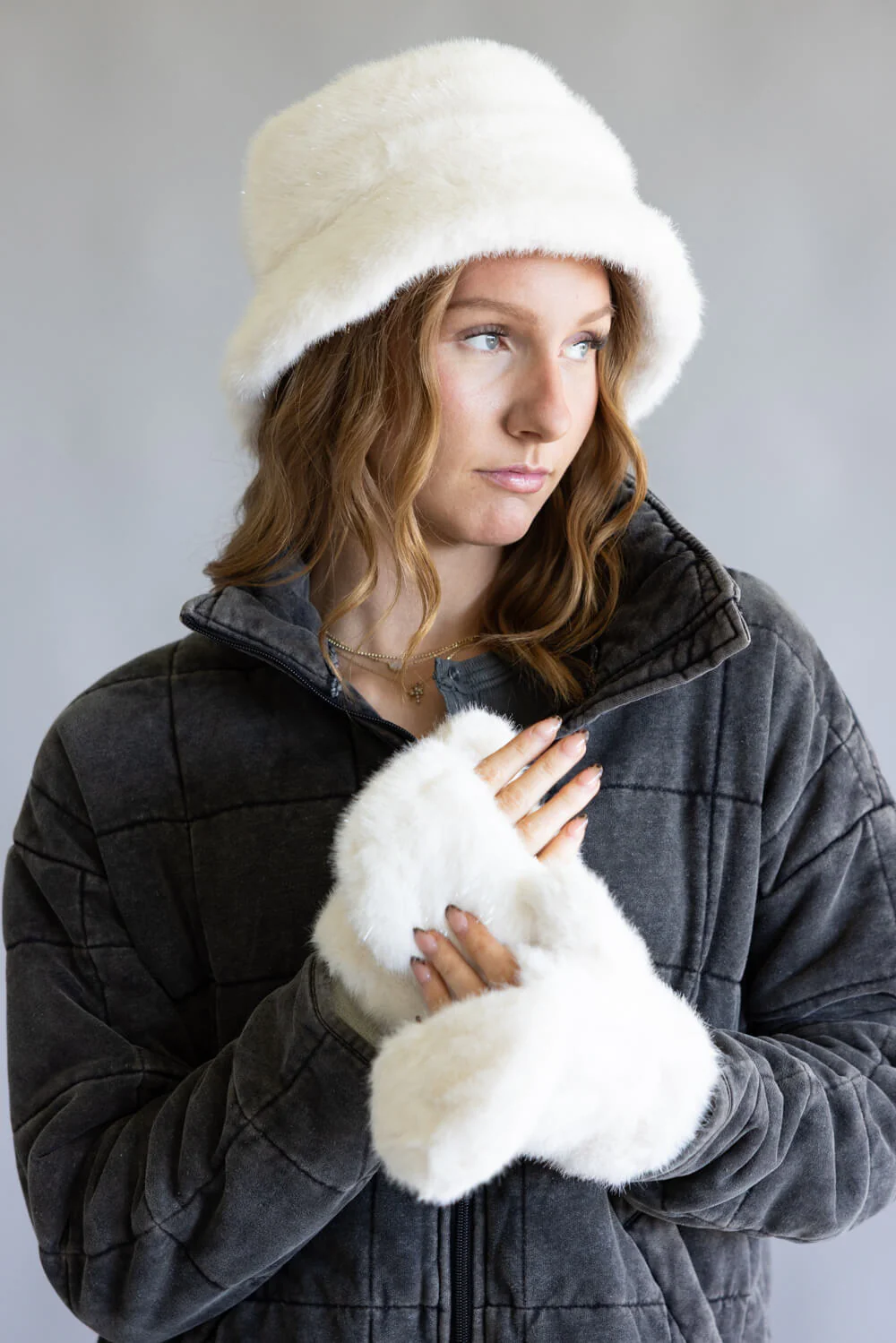 C.C. Glitter Fur Bucket Hat for Women in Ivory | BKE0169IVY - Image 3