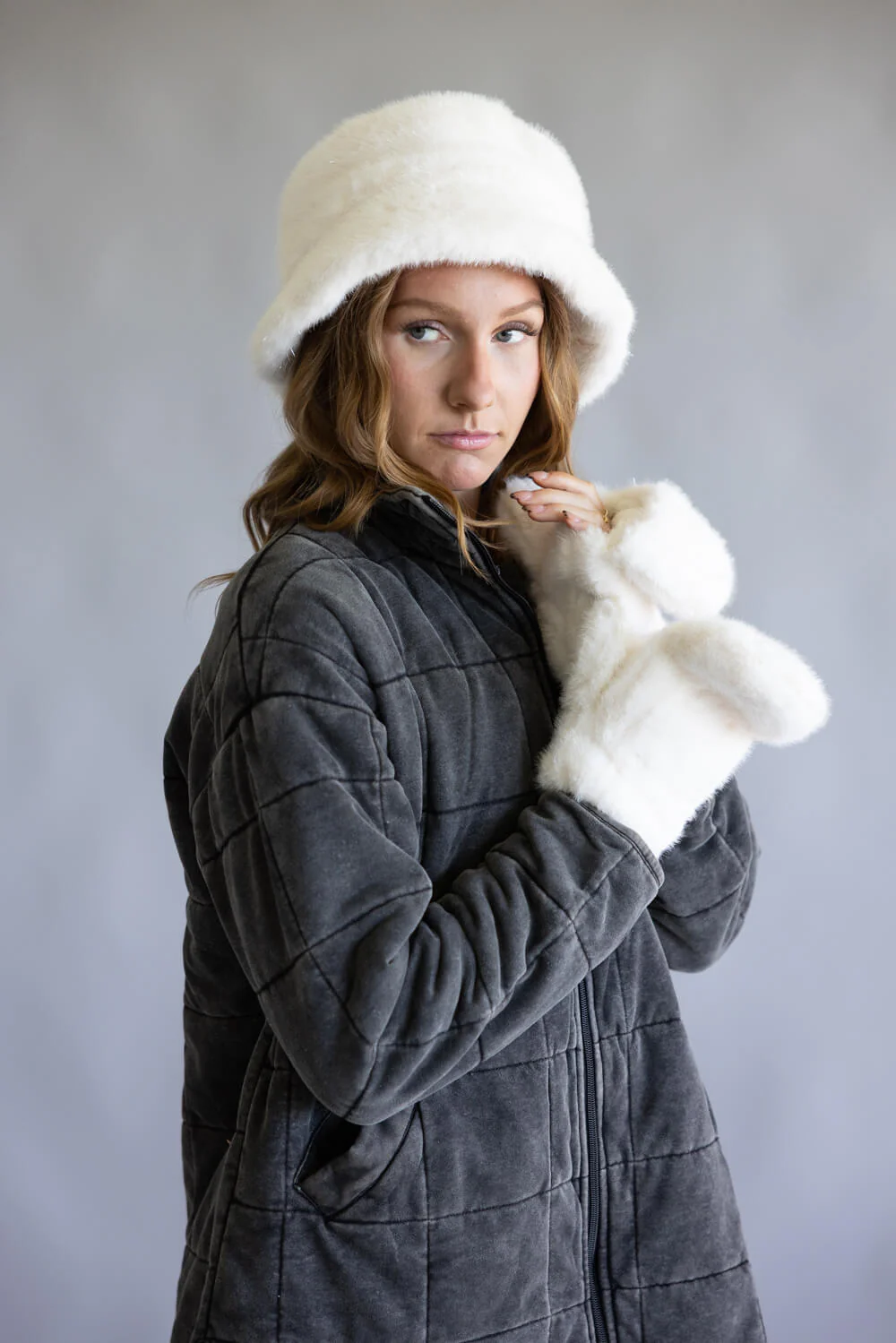 C.C. Glitter Fur Bucket Hat for Women in Ivory | BKE0169IVY - Image 4