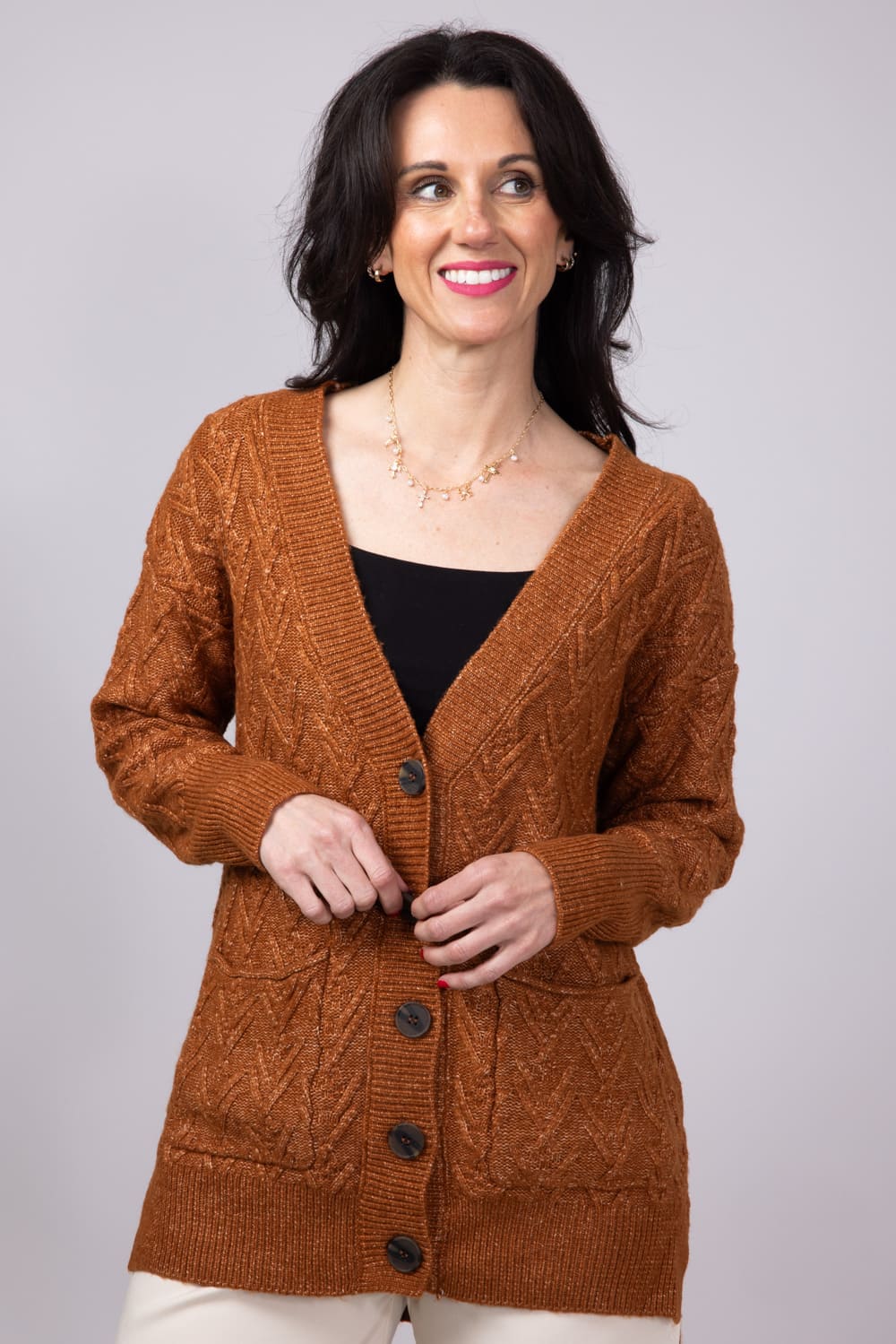 Cable Knit Button Front Cardigan for Women in Cinnamon Stick | LF2S43482-CIN - Image 2