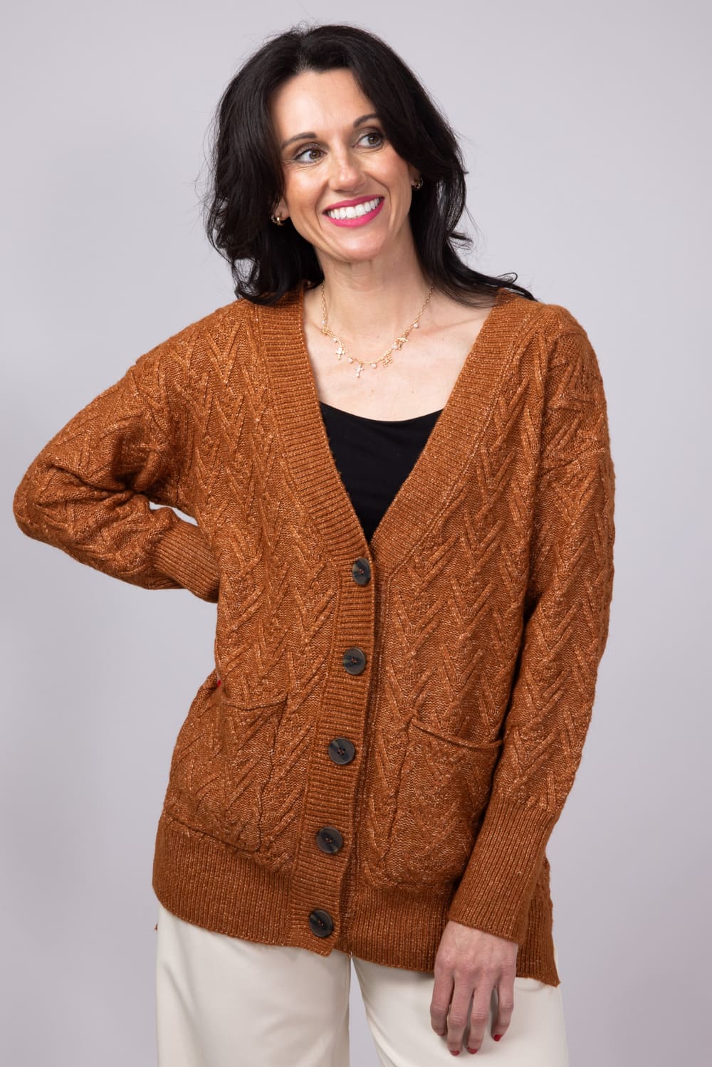 Cable Knit Button Front Cardigan for Women in Cinnamon Stick | LF2S43482-CIN - Image 4