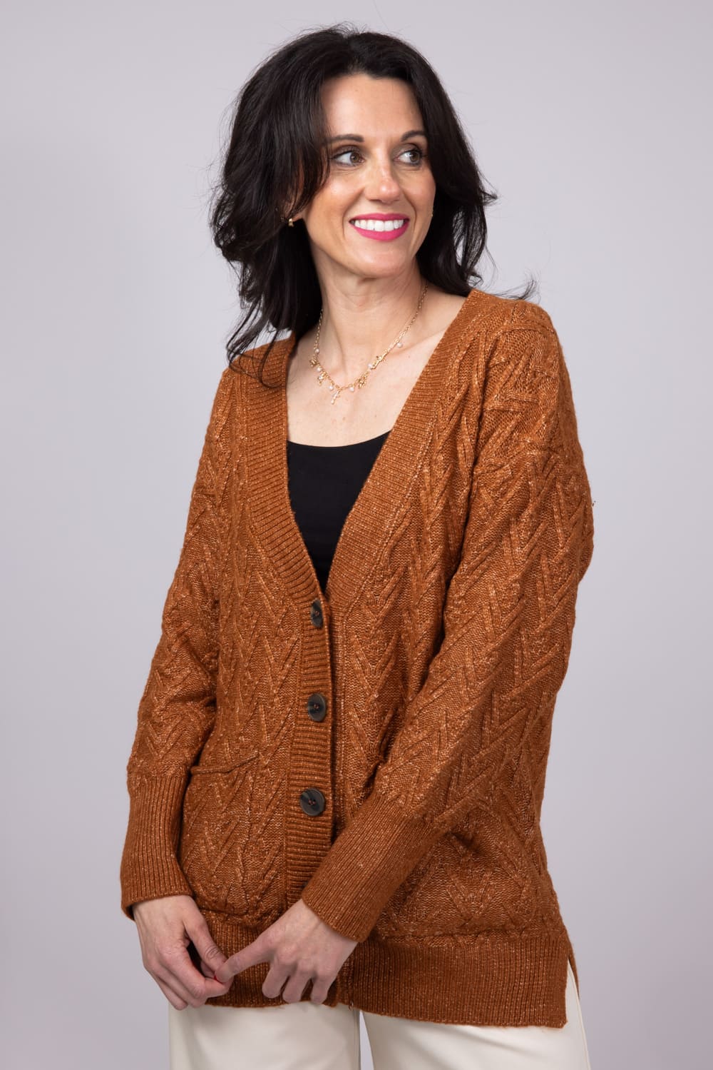 Cable Knit Button Front Cardigan for Women in Cinnamon Stick | LF2S43482-CIN - Image 5