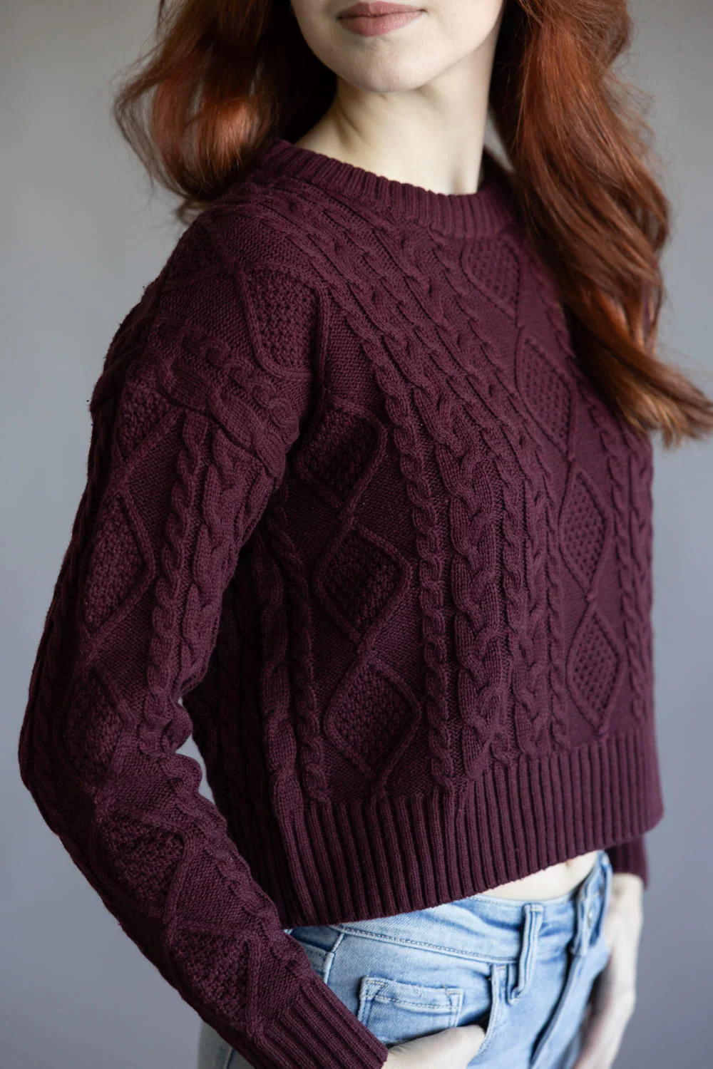 Cable Stitch Sweater for Women in Port Wine | PF5S27398-PORTWINE - Image 2
