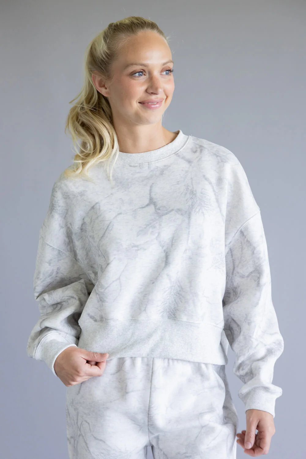 Camo Drop Shoulder Crewneck Fleece Sweatshirt for Women in Grey | CT9245-GREY - Image 4