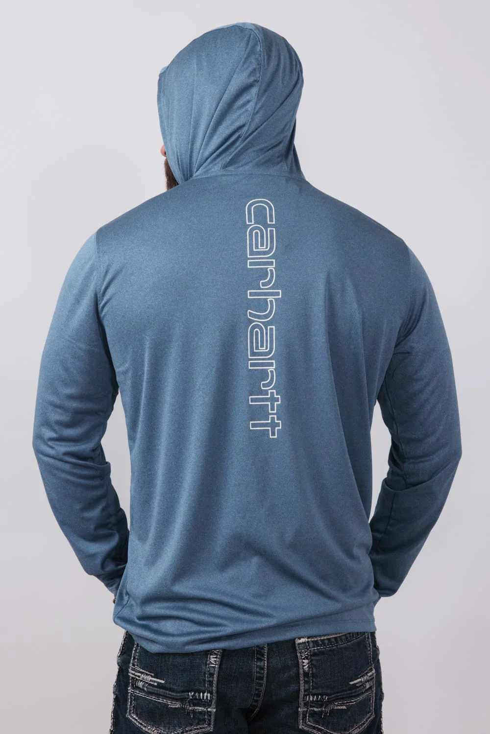 Carhartt Force Sun Lightweight Logo Long Sleeve Hooded Graphic T-Shirt for Men in Blue | 106165-HK9-STORMBLU - Image 4