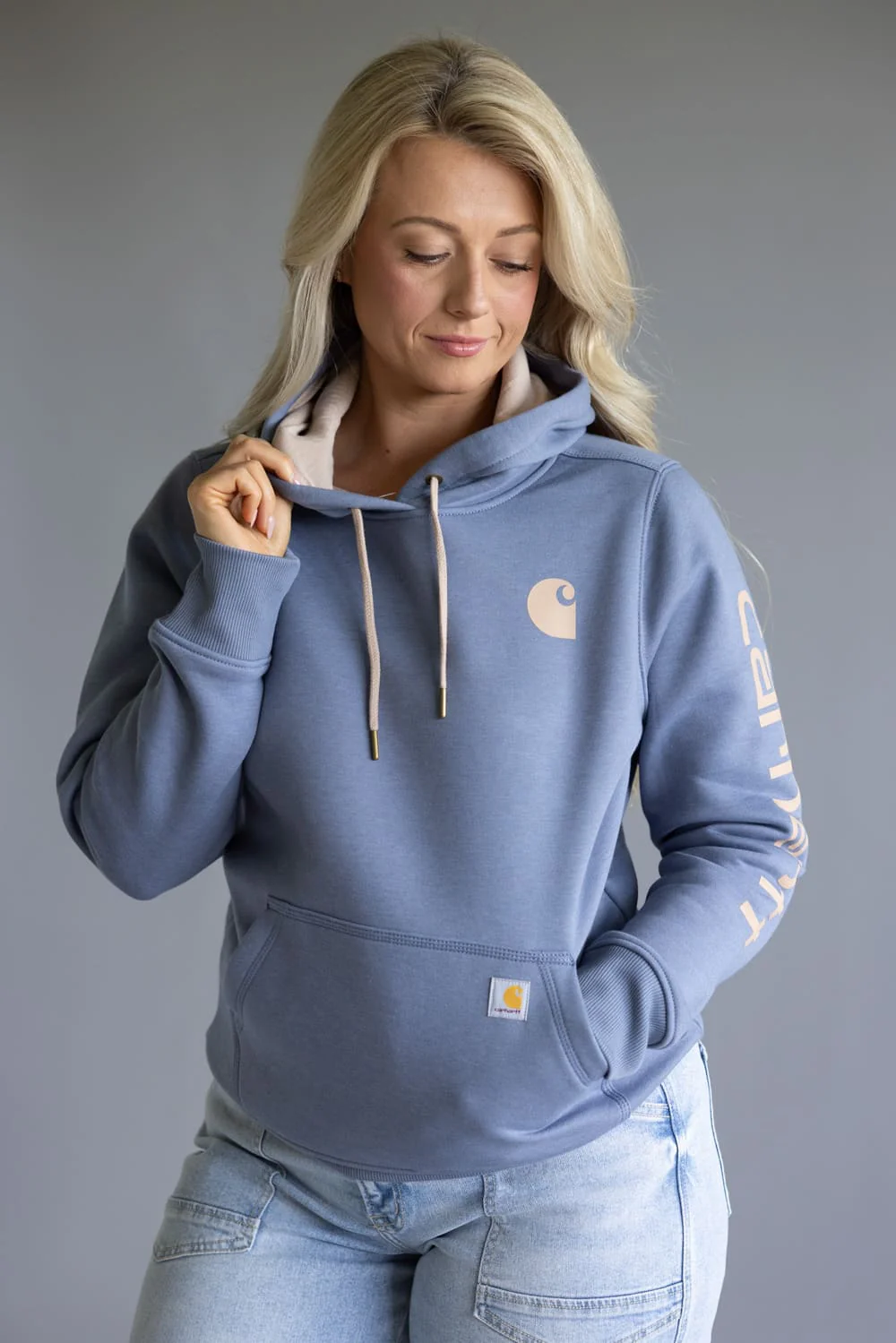 Carhartt Logo Sleeve Midweight Hoodie for Women in Faded Navy | 102791-HS8 - Image 4