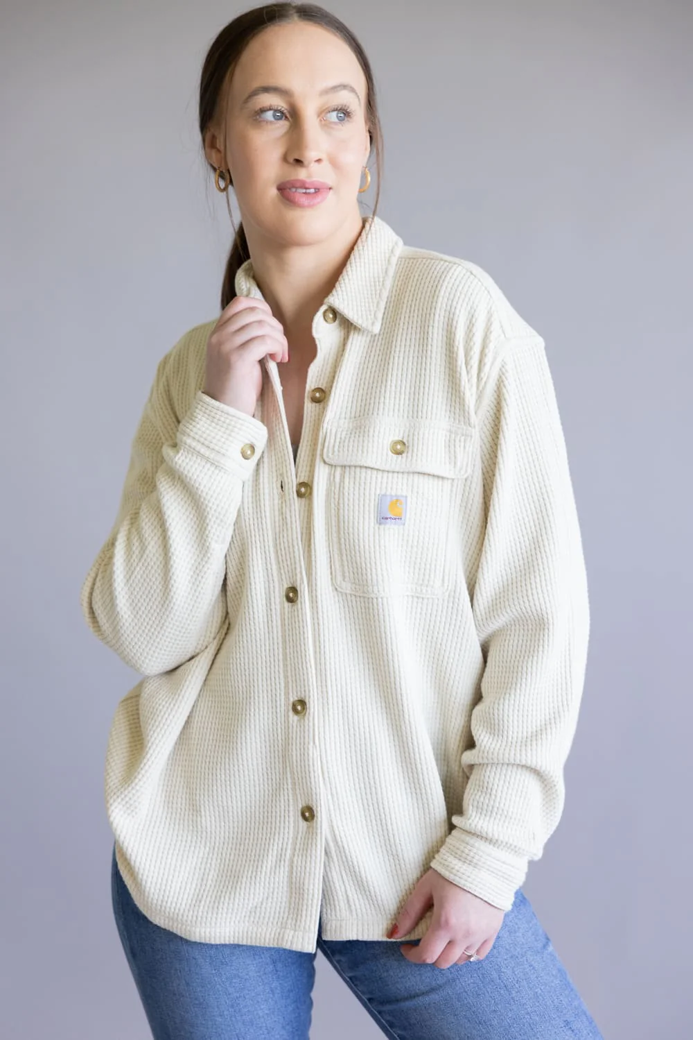 Carhartt Oversized Heavyweight Waffle Knit Shirt for Women in Oat Milk | 107134-A16 - Image 3