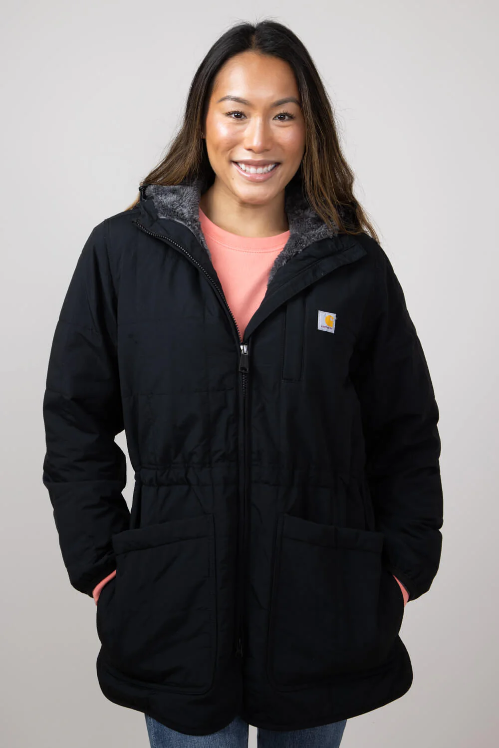 Carhartt Rain Defender Loose-Fit Lightweight Insulated Hooded Coat for Women in Black | 106465-N04 - Image 2