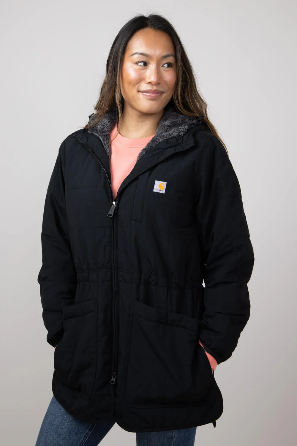 Carhartt Rain Defender Loose-Fit Lightweight Insulated Hooded Coat for Women in Black | 106465-N04 - Image 5