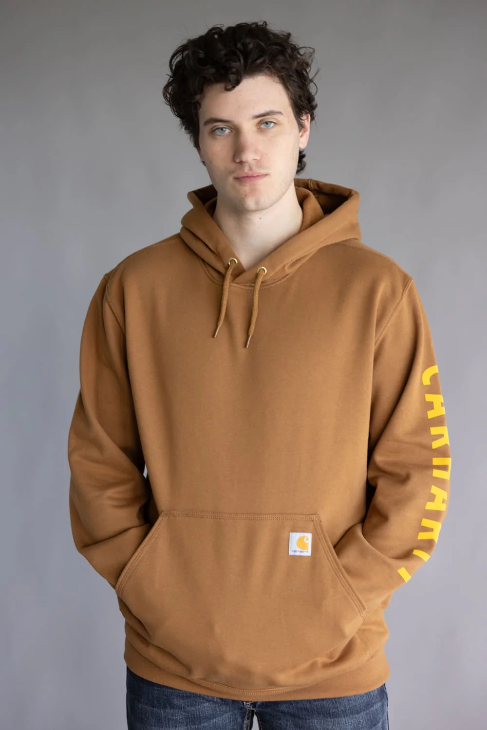Carhartt Rain Defender Midweight Logo Sleeve Hoodie for Men in Carhartt Brown | 107030-BRN BROWN - Image 2