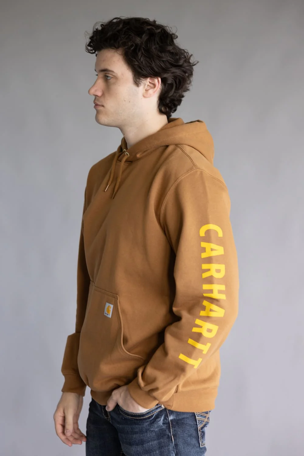 Carhartt Rain Defender Midweight Logo Sleeve Hoodie for Men in Carhartt Brown | 107030-BRN BROWN - Image 4