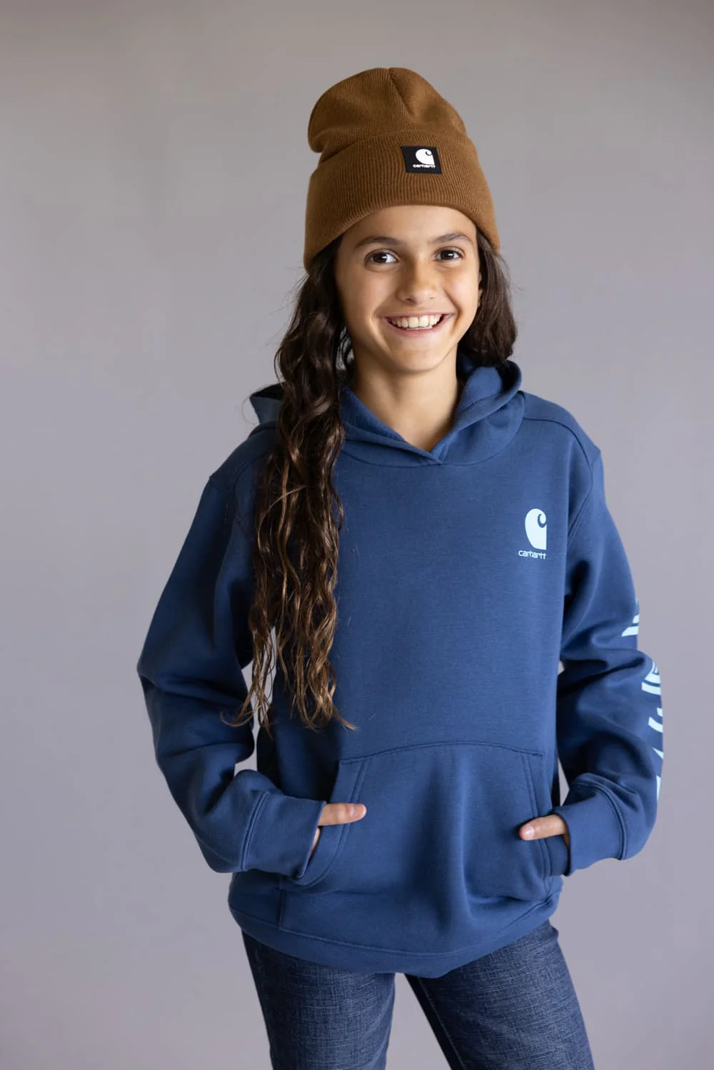 Carhartt Youth Classic Pullover Hoodie for Girls in Dark Denim Blue | CA7131-N160-DENIM - Image 2