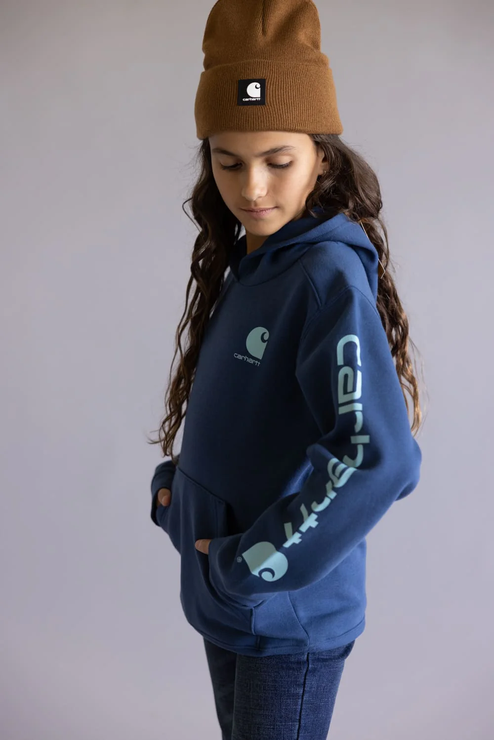 Carhartt Youth Classic Pullover Hoodie for Girls in Dark Denim Blue | CA7131-N160-DENIM - Image 3
