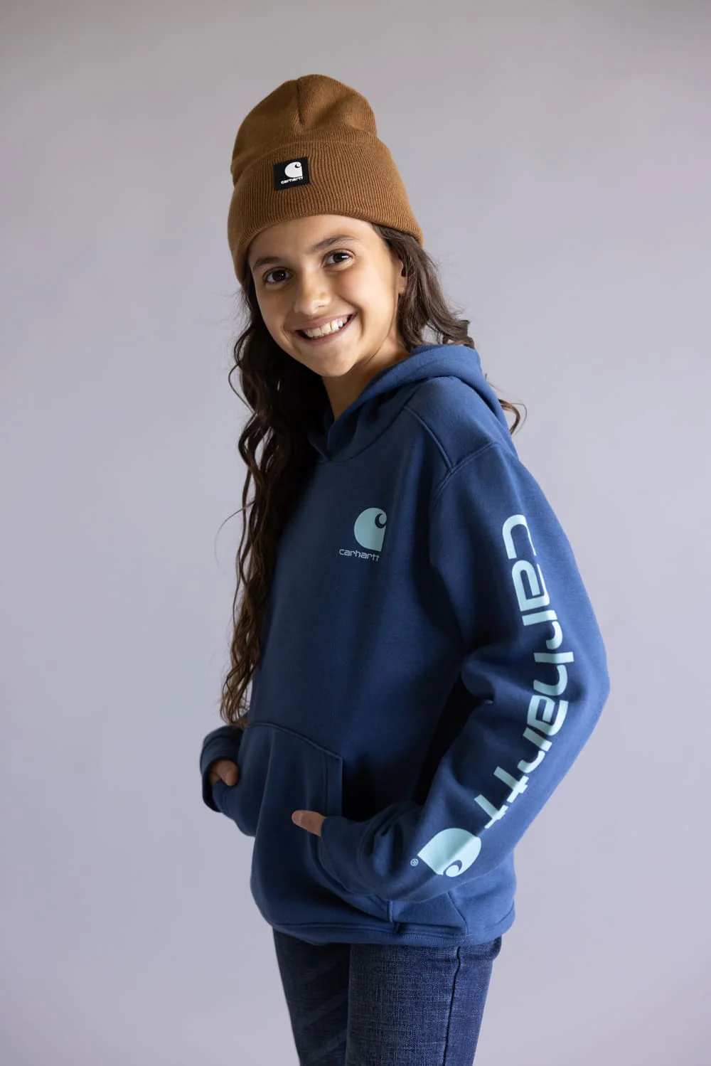 Carhartt Youth Classic Pullover Hoodie for Girls in Dark Denim Blue | CA7131-N160-DENIM - Image 4