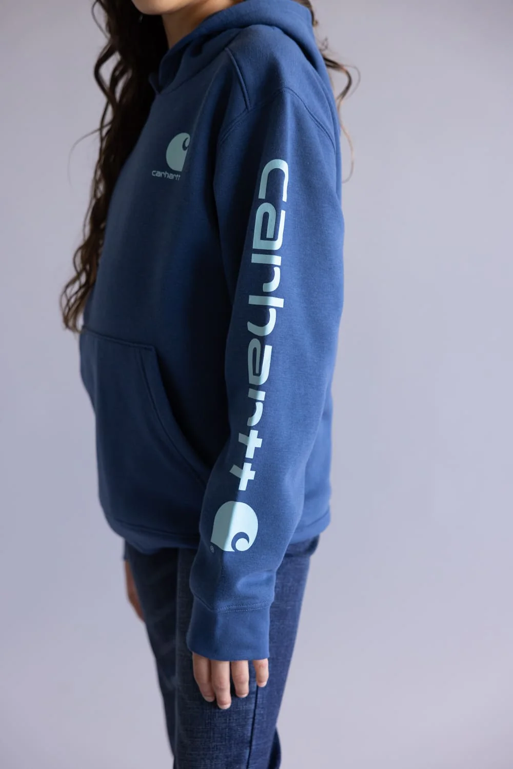 Carhartt Youth Classic Pullover Hoodie for Girls in Dark Denim Blue | CA7131-N160-DENIM - Image 5