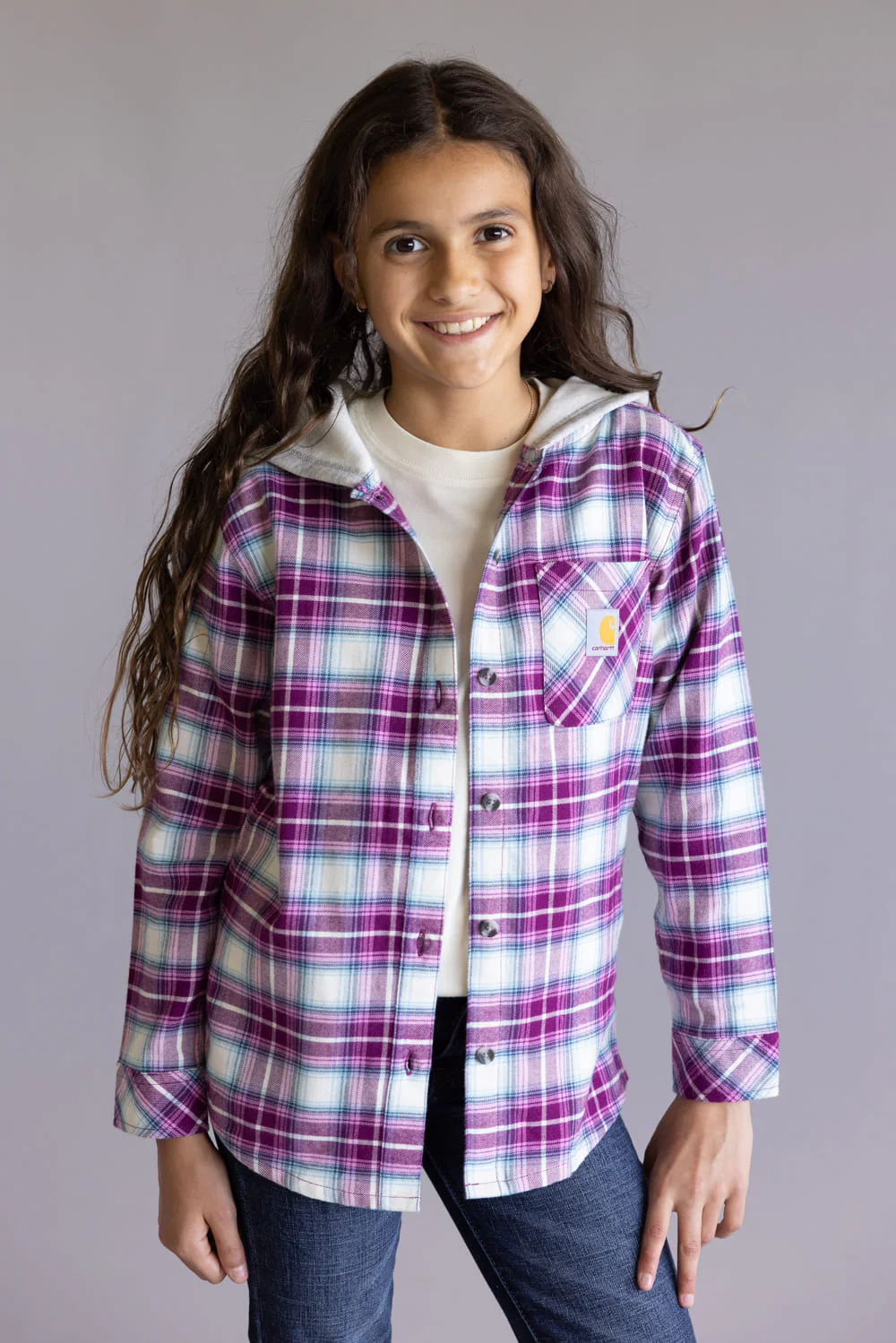 Carhartt Youth Hooded Flannel Shirt for Girls in Pink | CE9159-P401-CROCUS - Image 2