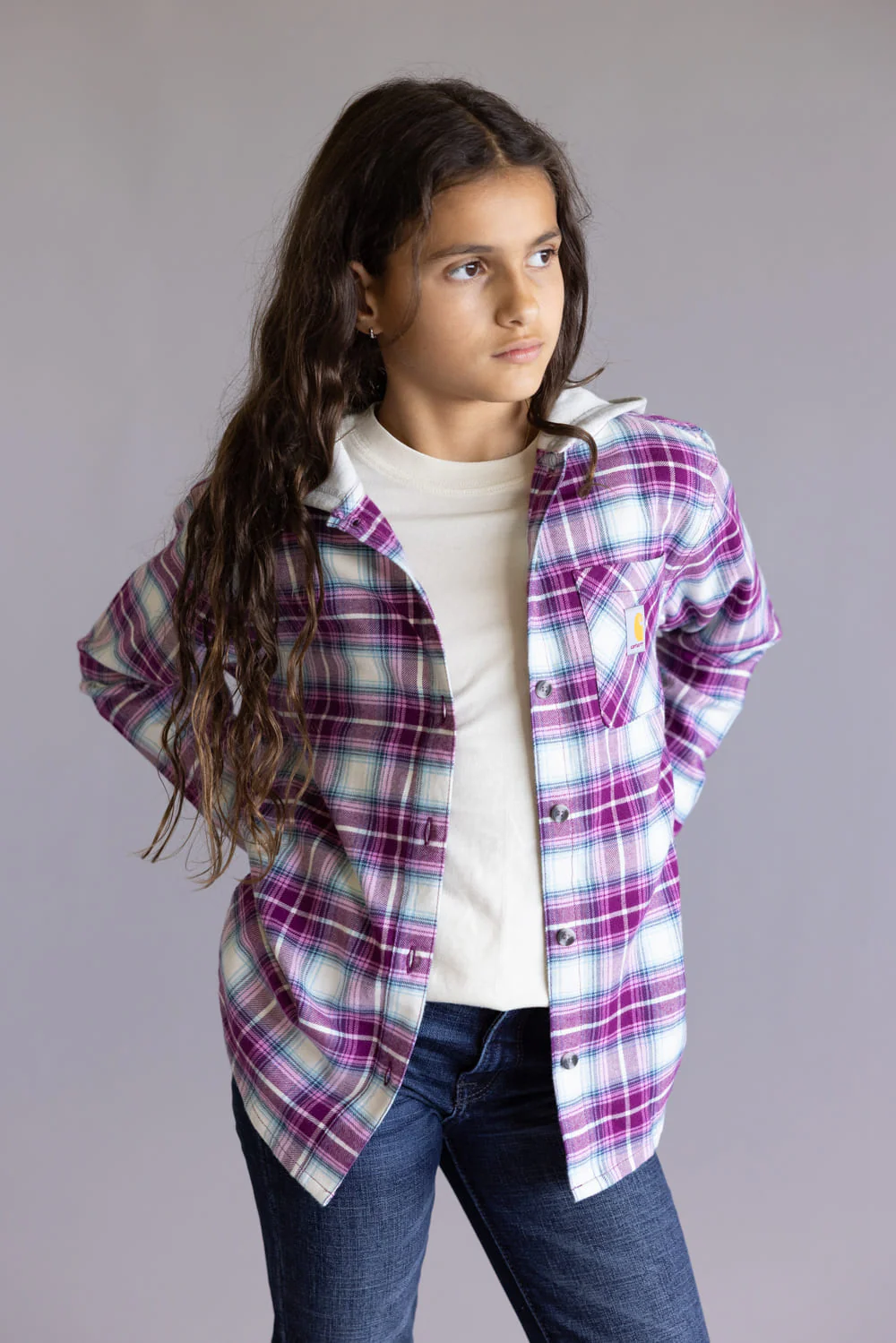 Carhartt Youth Hooded Flannel Shirt for Girls in Pink | CE9159-P401-CROCUS - Image 3