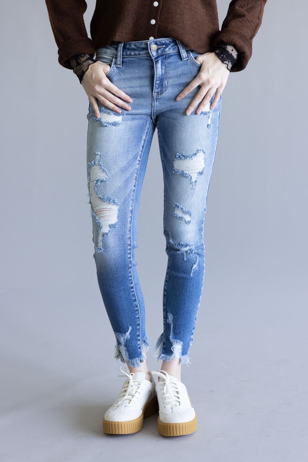 Cello Distressed Fray Ankle Cropped Skinny Jeans for Women | WV74422ML2 - Image 2