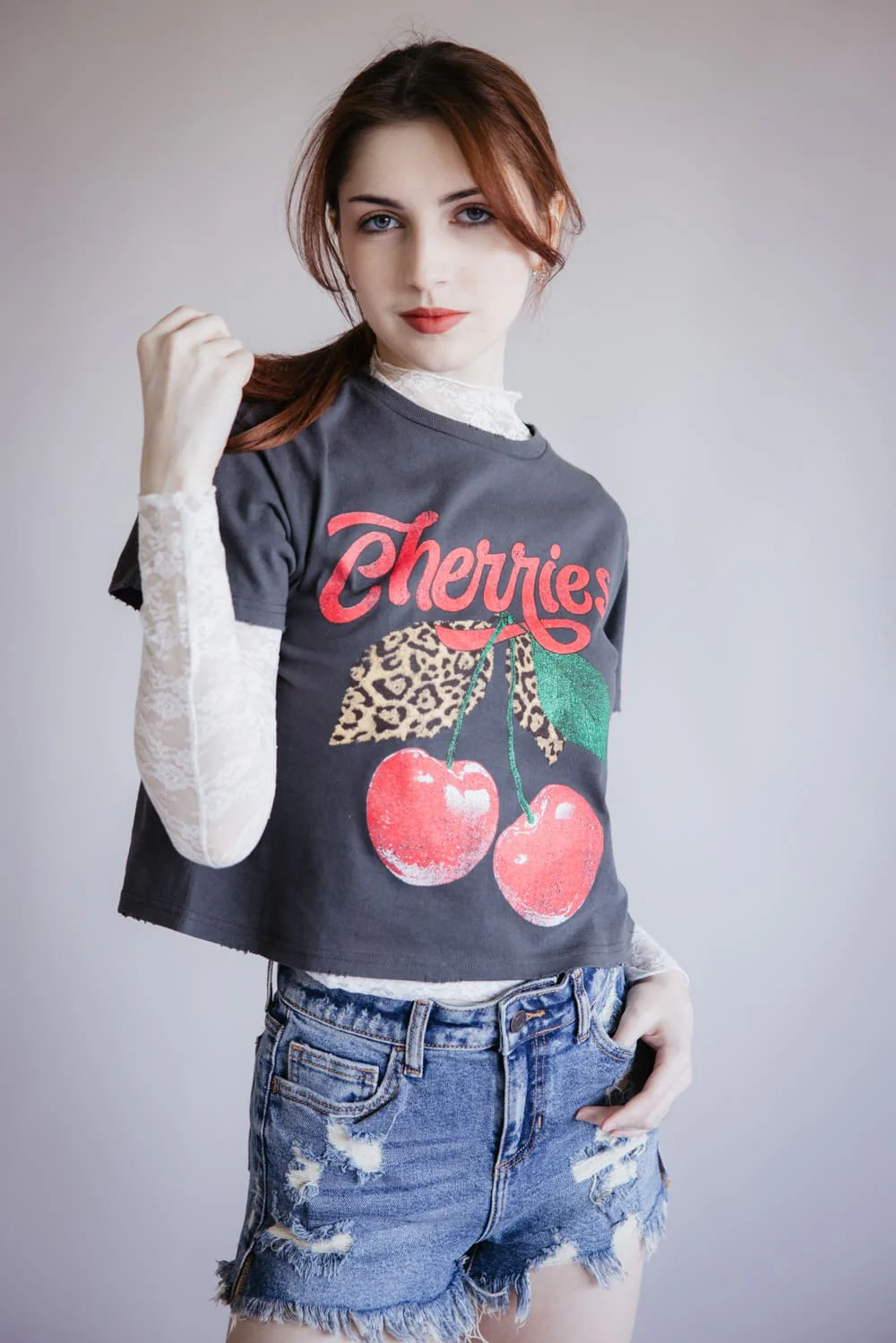 Cherries Leopard Graphic T-Shirt for Women in Grey Black | K9377-2473-BLACK - Image 2