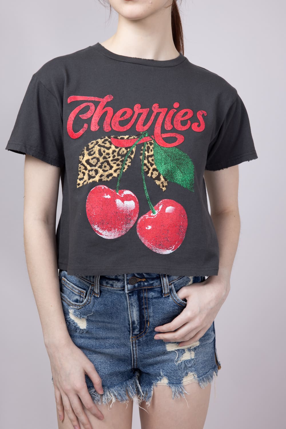 Cherries Leopard Graphic T-Shirt for Women in Grey Black | K9377-2473-BLACK - Image 3