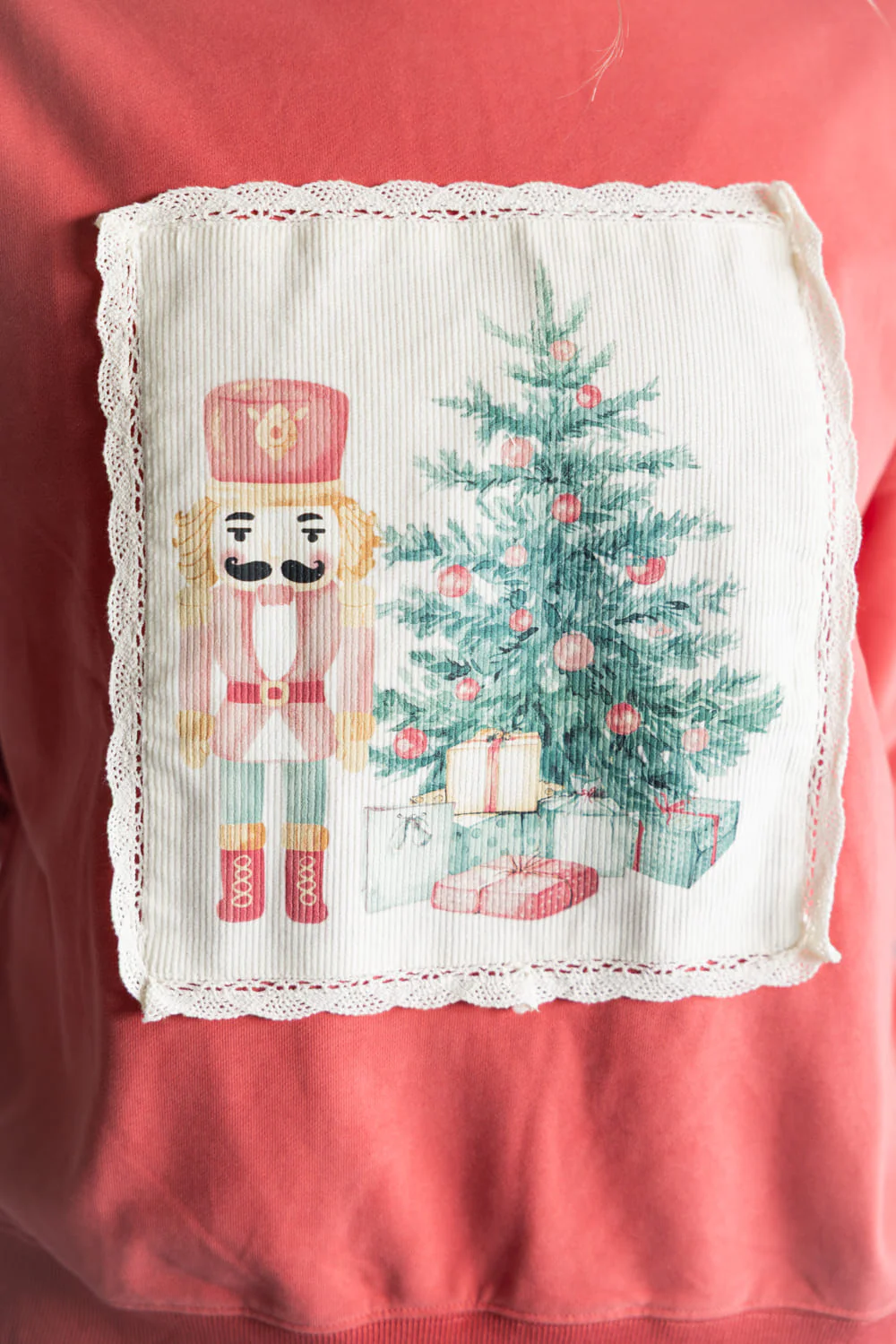Christmas Corduroy Patch Sweatshirt for Women in Dark Coral | IKT300394-01-DKCORAL - Image 3