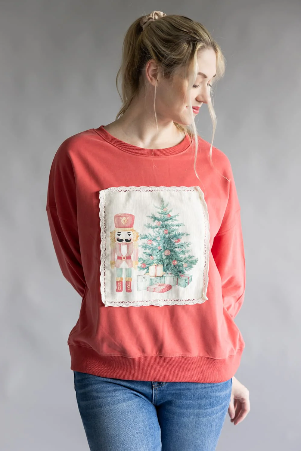 Christmas Corduroy Patch Sweatshirt for Women in Dark Coral | IKT300394-01-DKCORAL - Image 4