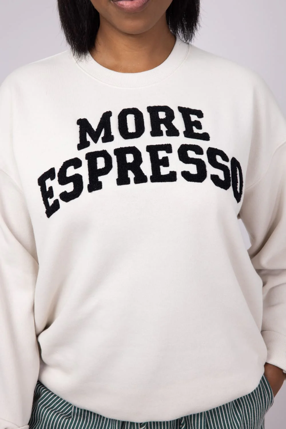 More Espresso Chenille Patch Fleece Crewneck for Women in Beige | GT094-BEIGE - Image 3