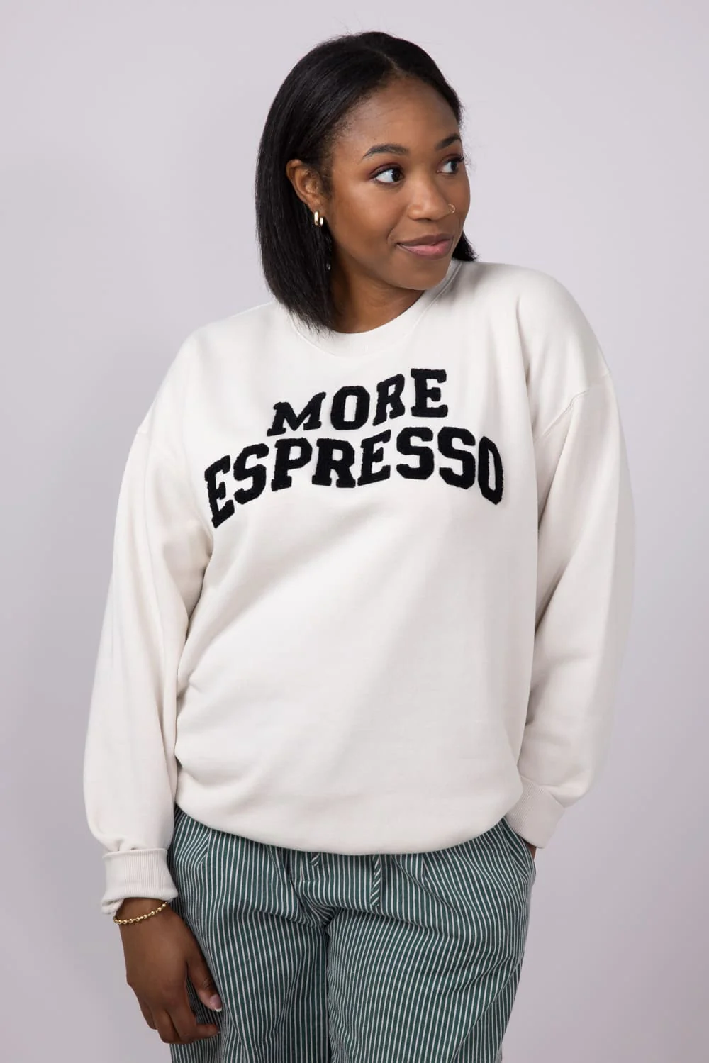 More Espresso Chenille Patch Fleece Crewneck for Women in Beige | GT094-BEIGE - Image 4