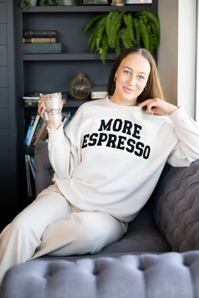 More Espresso Chenille Patch Fleece Crewneck for Women in Beige | GT094-BEIGE - Image 5