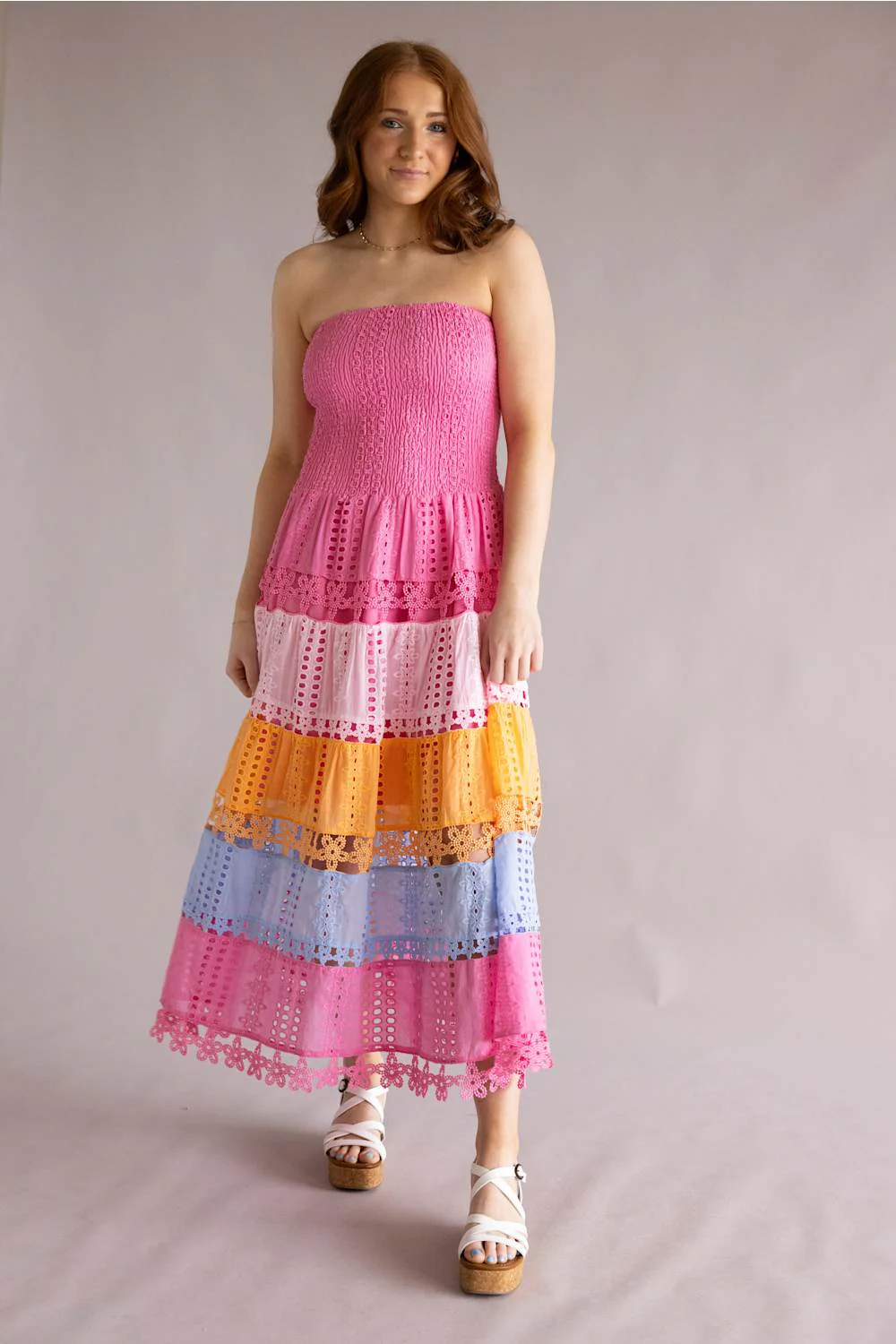 Strut & Bolt Color Block Eyelet Strapless Midi Dress for Women in Pink/Multi | D-10947-H-1-PNK - Image 4