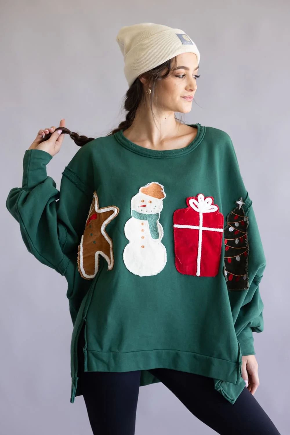 Corduroy Christmas Patchwork Crew Neck for Women in Hunter Green | IFKT65582-06-HUNTERGREEN - Image 2