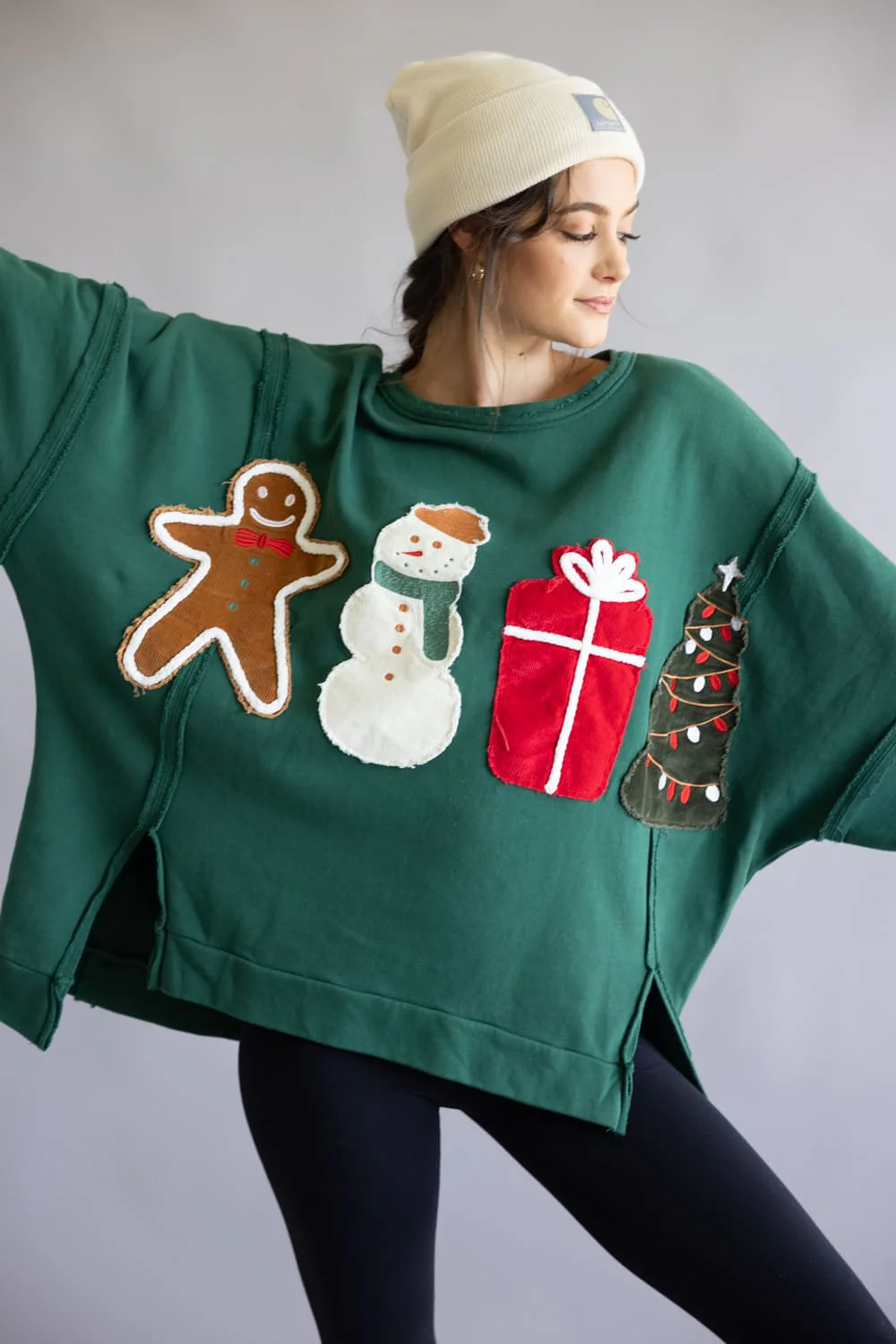 Corduroy Christmas Patchwork Crew Neck for Women in Hunter Green | IFKT65582-06-HUNTERGREEN - Image 4