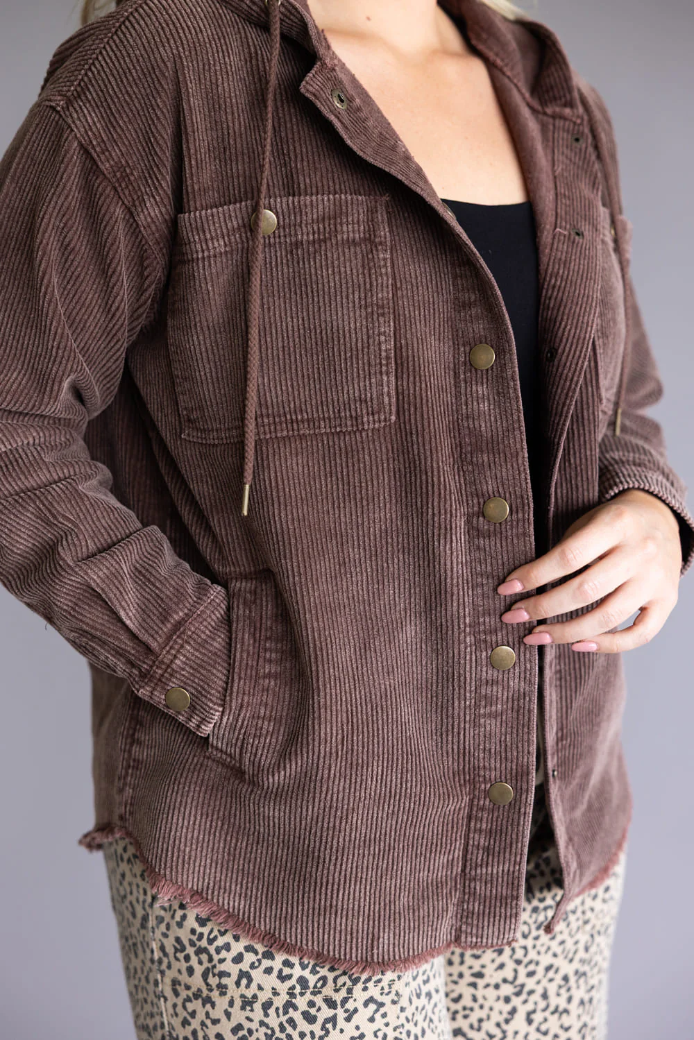 Corduroy Hooded Shacket for Women in Brown | OT35940-BROWN - Image 3