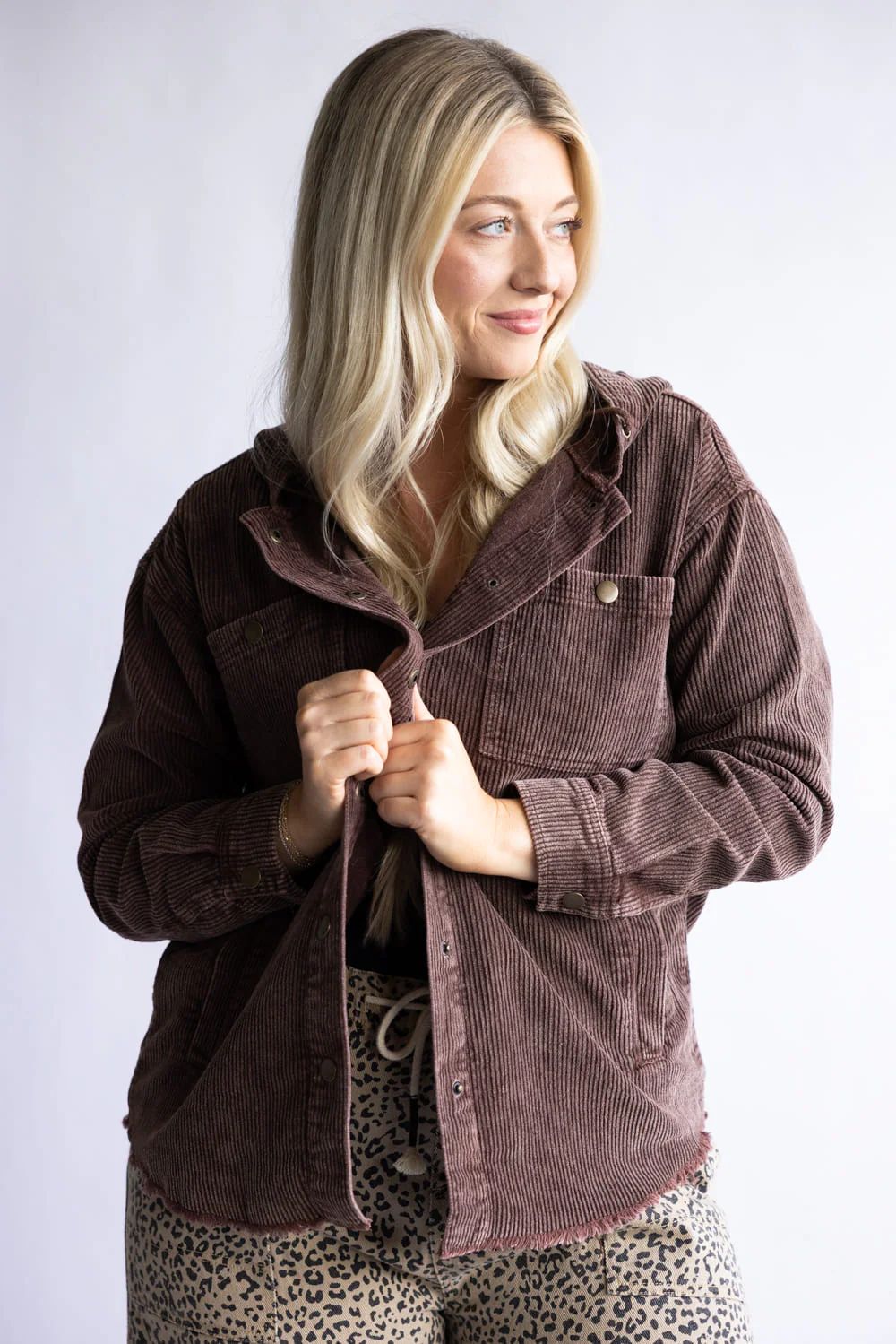 Corduroy Hooded Shacket for Women in Brown | OT35940-BROWN - Image 4