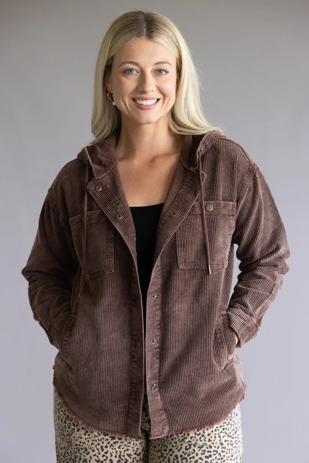 Corduroy Hooded Shacket for Women in Brown | OT35940-BROWN - Image 5