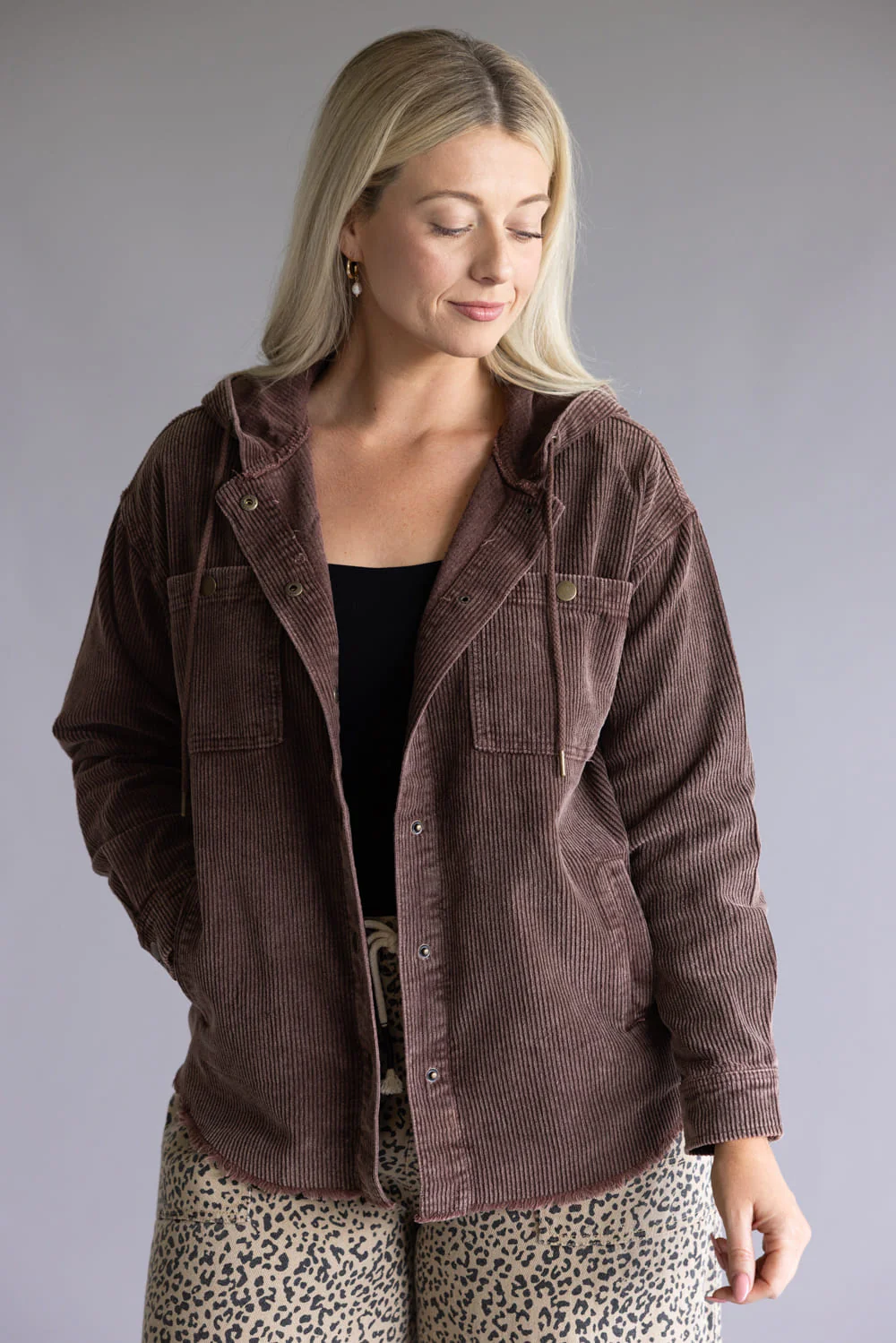 Corduroy Hooded Shacket for Women in Brown | OT35940-BROWN - Image 6