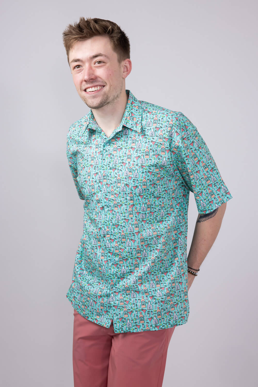 Cotton Button Down Tequila Shirt for Men in Aqua | FW2288-AQUA - Image 4