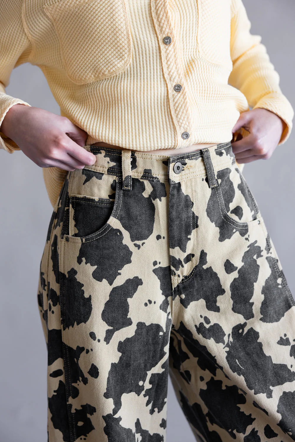 Cow Print Barrel Jeans for Women in Taupe | NP70891-TAUPECOW - Image 3