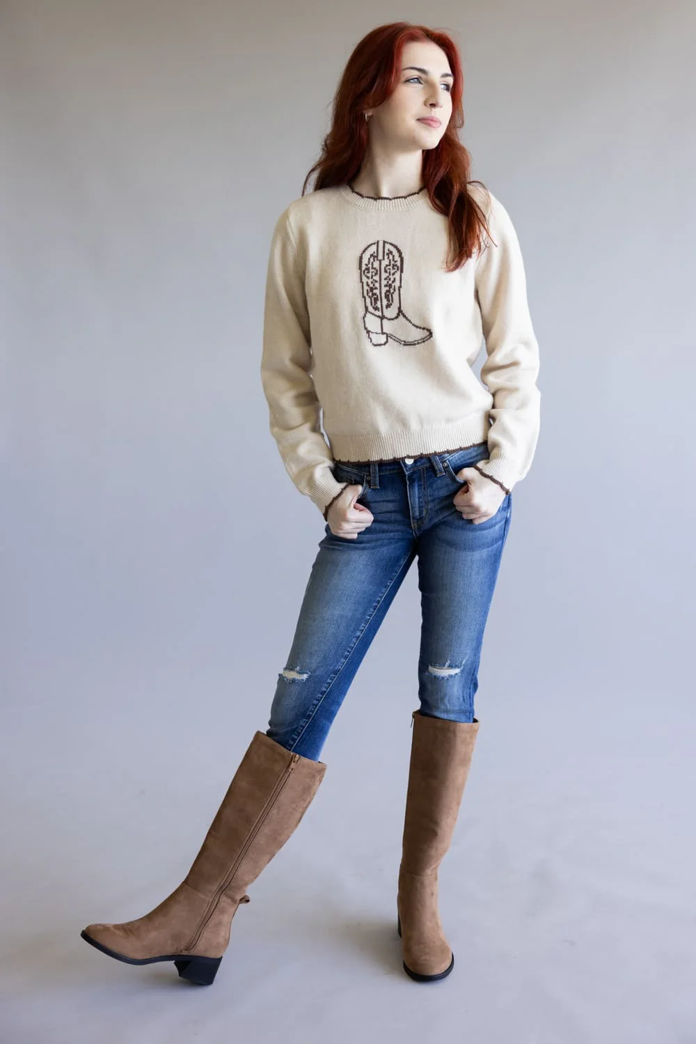 Cowboy Boot Sweater for Women in Brown | PST1730-SAND - Image 3