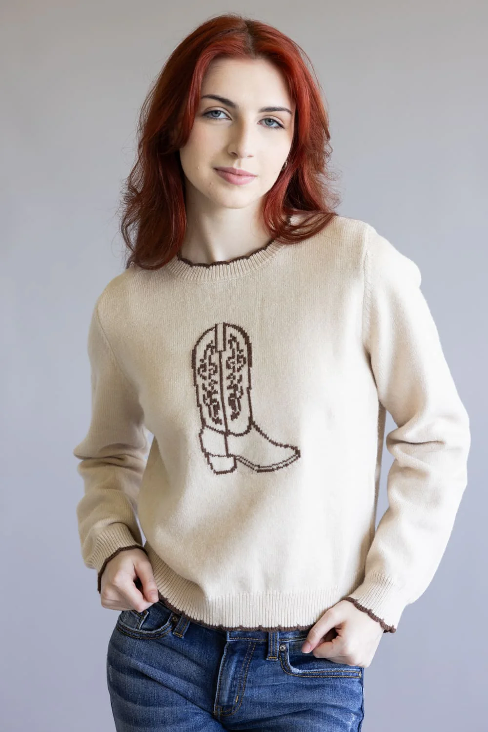 Cowboy Boot Sweater for Women in Brown | PST1730-SAND - Image 6