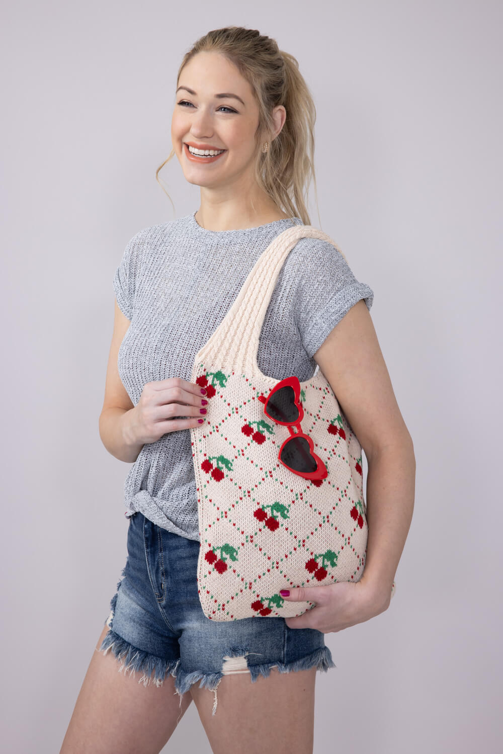 Crochet Cherry Market Bag for Women in Cream | MMA8869IV - Image 2