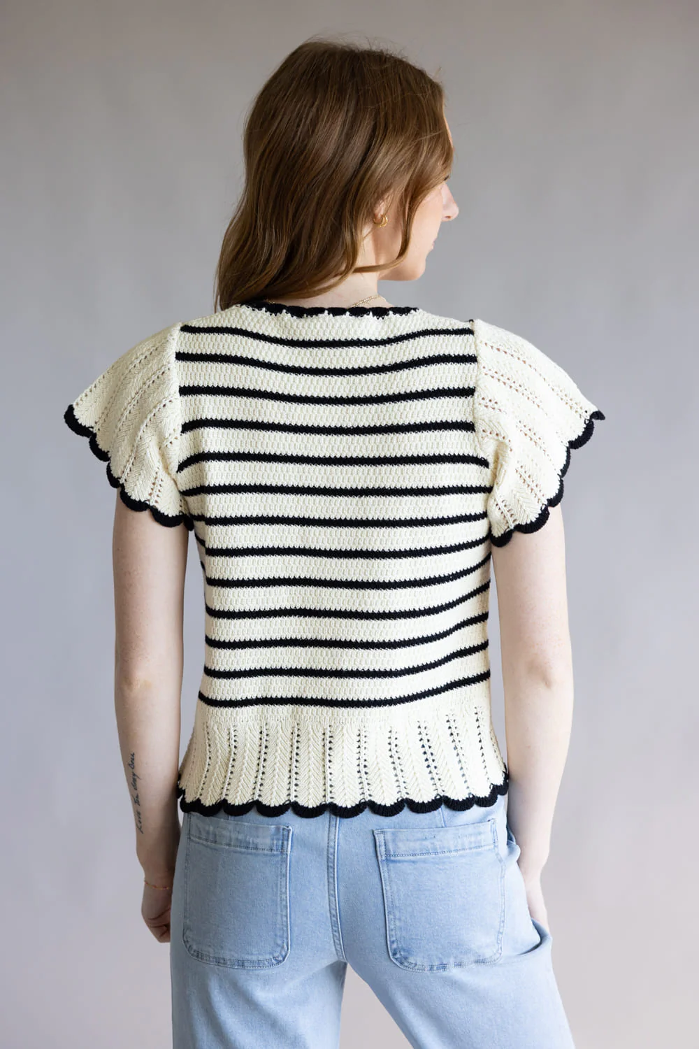 Crochet Striped Flutter Sleeve Sweater for Women in Natural/Black | MAS3129-NATURALBLACK - Image 3