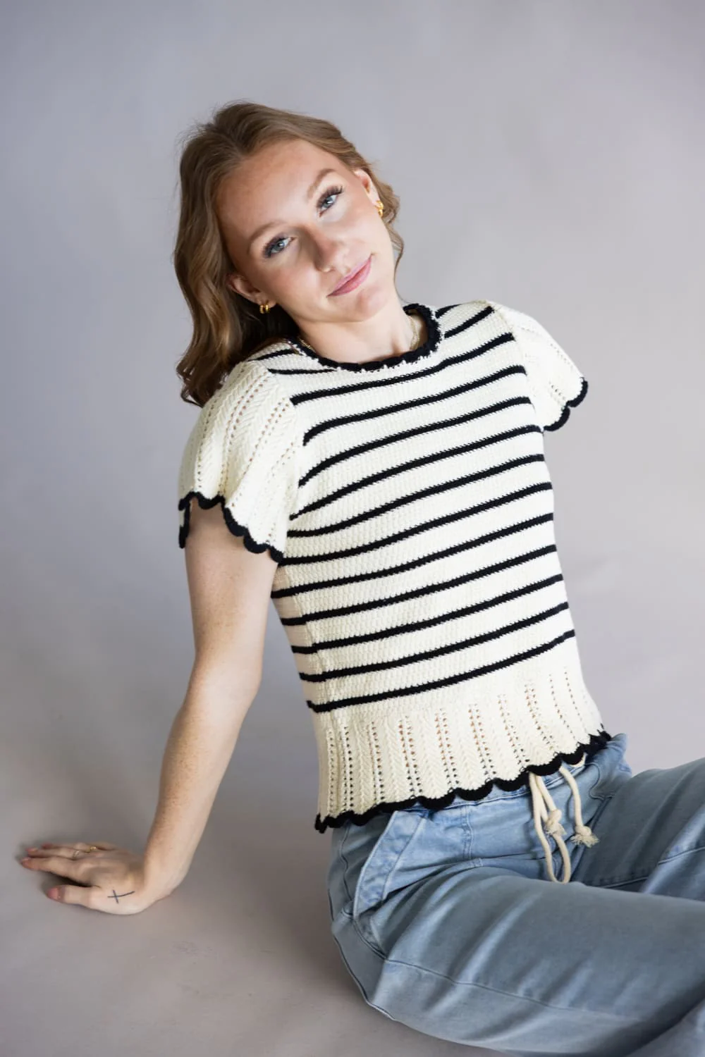 Crochet Striped Flutter Sleeve Sweater for Women in Natural/Black | MAS3129-NATURALBLACK - Image 4
