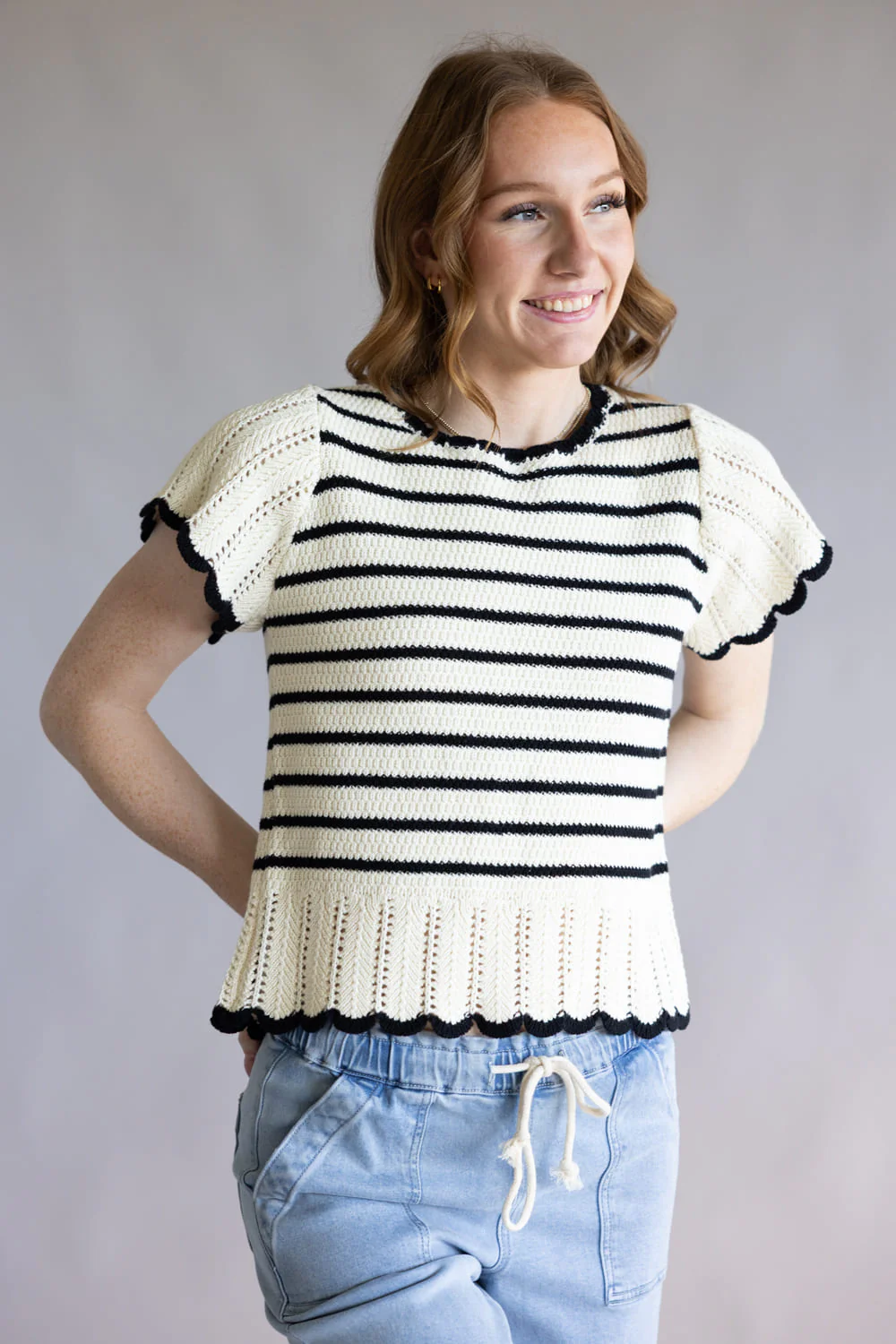 Crochet Striped Flutter Sleeve Sweater for Women in Natural/Black | MAS3129-NATURALBLACK - Image 5