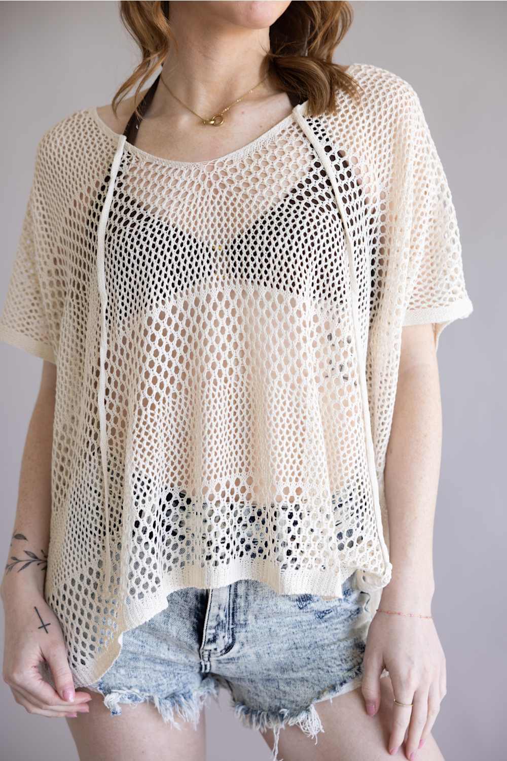 Crochet Tie Poncho Top for Women in Beige | WLPS087-BEIGE - Image 3